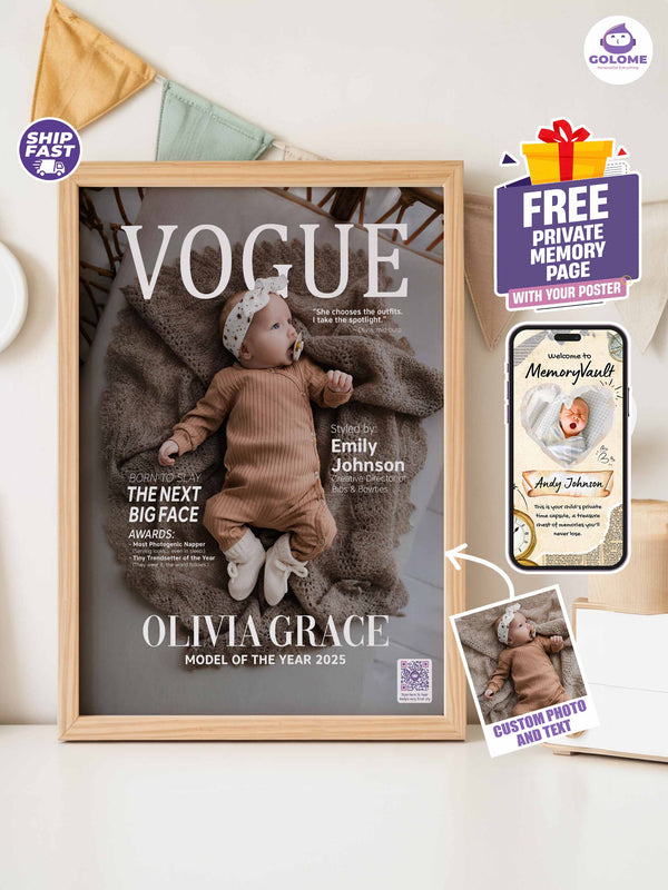 Baby Fashion Magazine Poster, Personalized Baby Canvas with Photo & Text, Custom Newborn Keepsake, Nursery Wall Art with QR MemoryVault